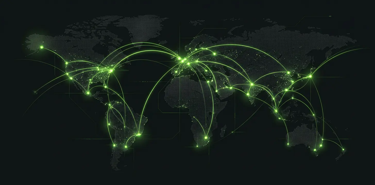 World map with glowing connection arcs between markets