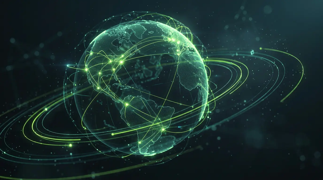Abstract globe of glowing nodes showing a global affiliate network